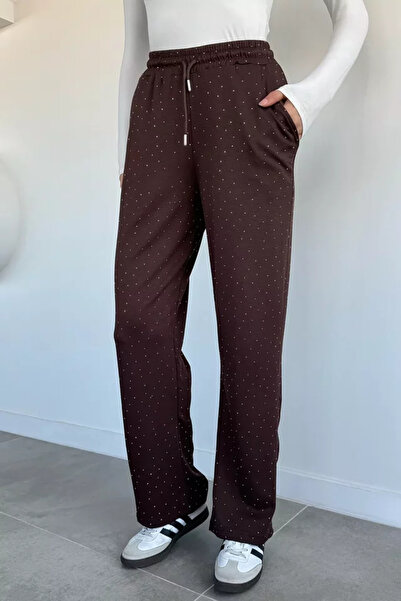 TOZLU Women's Elastic Waist Stone Embroidered Trousers