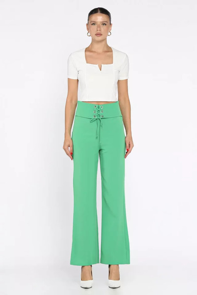 TOZLU Women's Palazzo Trousers with Waist Belt Detail
