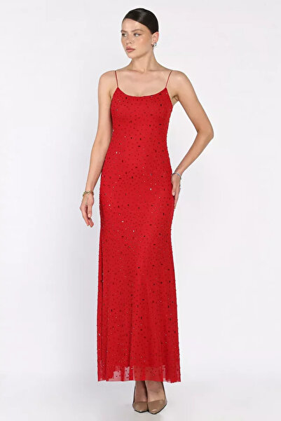 TOZLU Women's Evening Dress with Rope Straps and Stones