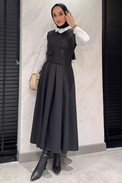 TOZLU Women's Button Detailed Pleated Hijab Dress