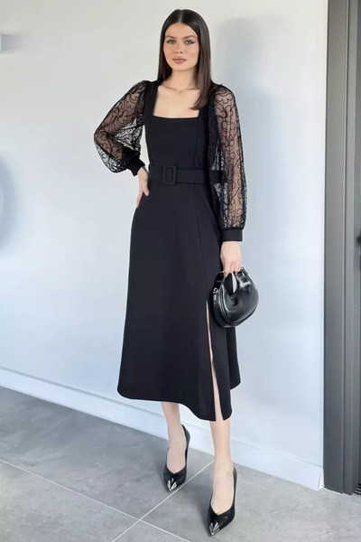 TOZLU Women's Square Neckline, Sleeves, Laced Waist, Belted Evening Dress