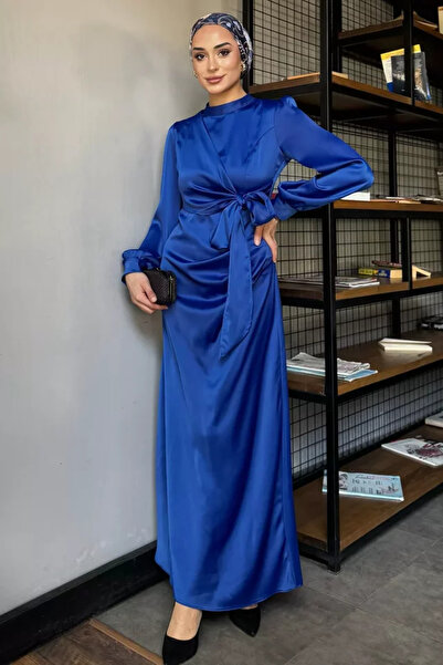TOZLU Draped Hijab Satin Evening Dress with Side Tie Detail