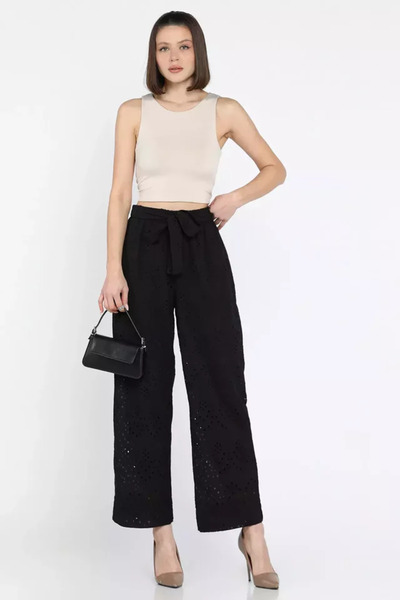 TOZLU Women's High Waist Scalloped Elastic Waist Belted Trousers
