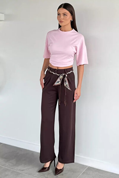 TOZLU Women's High Waist Palazzo Fabric Trousers with Scarf Accessory