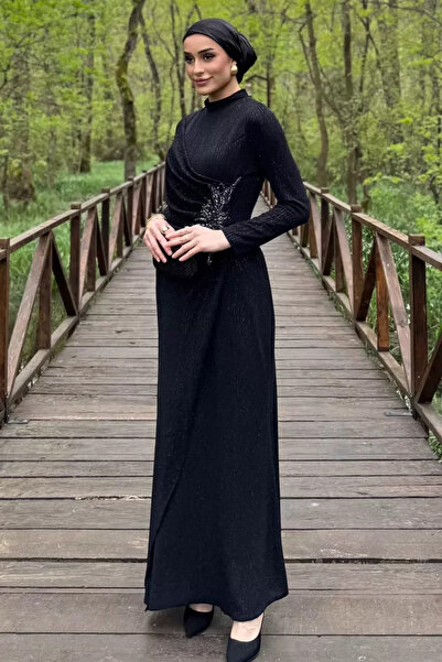 TOZLU Women's Front Draped Stone Embellished Sparkling Hijab Evening Dress