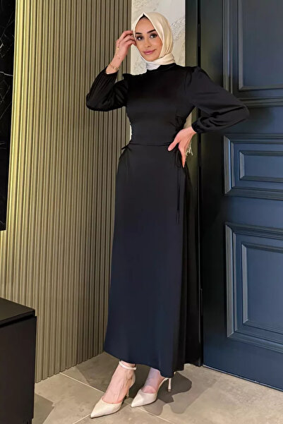 TOZLU Women's Waist Tie Detailed Satin Hijab Evening Dress