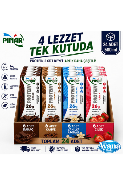 İçim Pınar Proteinli Süt Karma Koli 4 Lezzet 1 Arada 500ml x 24 Adet (Kakao-Kahve-Çilek-Vanilya)