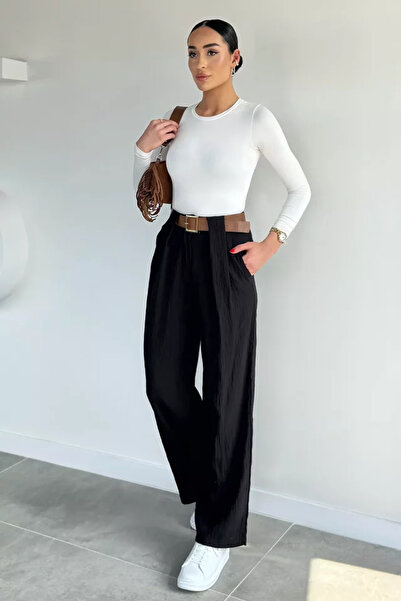TOZLU Leather Belted Pleated Wide Leg Berussa Trousers