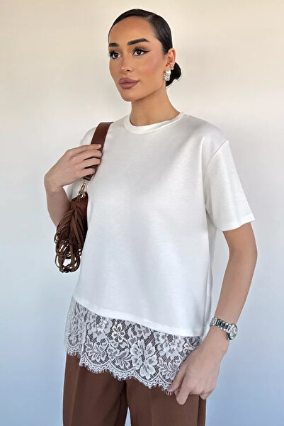 TOZLU Women's Crew Neck Lace Basic T-Shirt