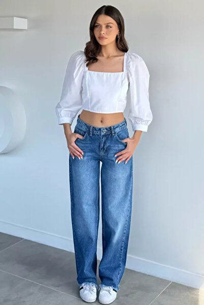TOZLU Pantaloni de damă din denim, stil palazzo, cu detalii cu ciucuri la picior