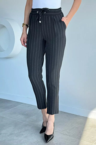 TOZLU Women's Elastic Waist Striped Patterned Trousers