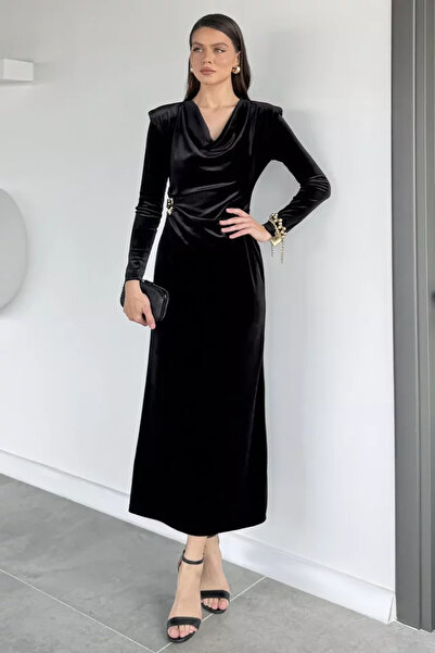 TOZLU Women's Degaje Collar Velvet Evening Dress with Shoulder Padding and Br...