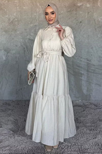 TOZLU Front Half Buttoned Pleated Ruffle Hijab Dress