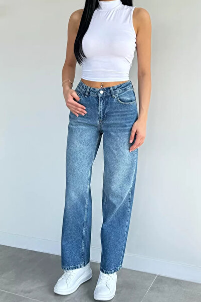 TOZLU Kadın Yıkamalı Yüksek Bel Casual Geniş Paça Palazzo Jean Kot Pantolon