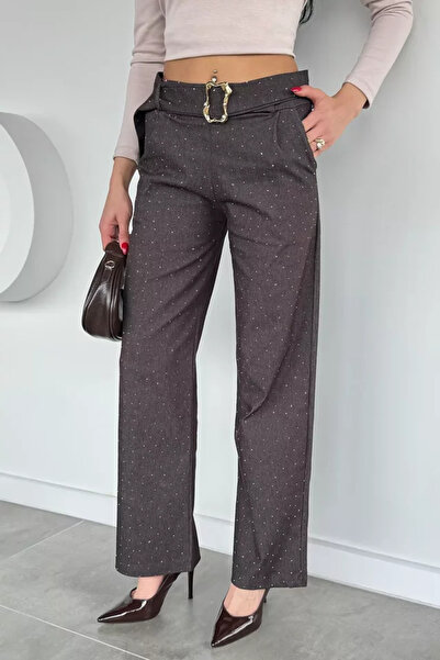 TOZLU Women's Belt Buckle Stoned Trousers