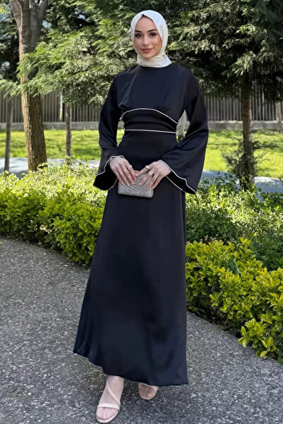 TOZLU Hijab Side Tie Stoned Satin Evening Dress