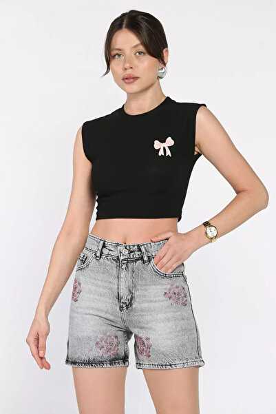 TOZLU Women's Floral Stoned Jean Denim Shorts