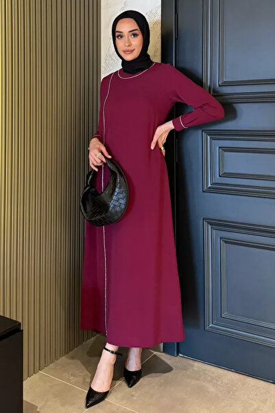 TOZLU Women's Stone Embellished Waist Belt Detailed Hijab Dress