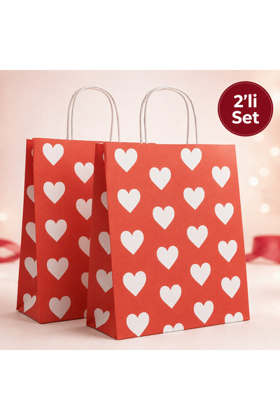 Doğasüs Kalp Desenli Saplı Karton Çanta 30x25 2 li set