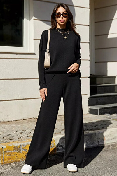TOZLU Women's Stand Collar Solid Color Knitwear Sweater Trousers Two-Piece Set