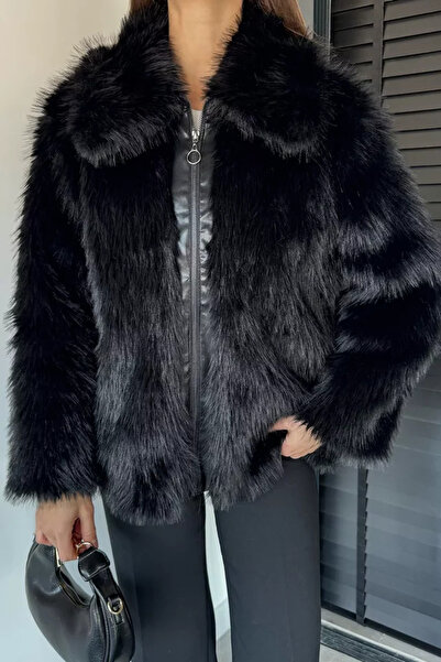 TOZLU Women's Front Zipper Fringed Fur Coat