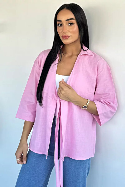 TOZLU Women's Front Tie Linen Shirt