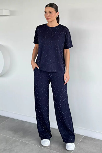 TOZLU Women's Stone Embroidered Elastic Waist Pants T-Shirt Two-Piece Set