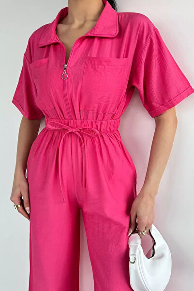 TOZLU Half Zipper Elastic Waist Short Sleeve Jumpsuit