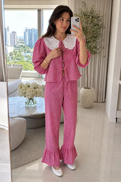 TOZLU Women's Baby Collar Blouse and Pants Two-Piece Set