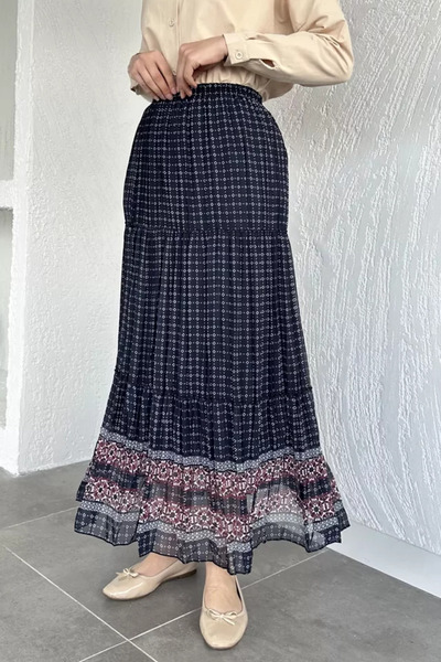 TOZLU Patterned Chiffon Hijab Skirt with Elastic Waist