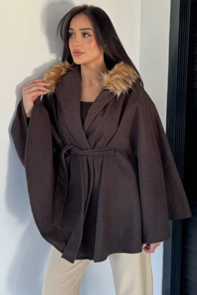 TOZLU Poncho de damă cu glugă și blană, cu legături în talie