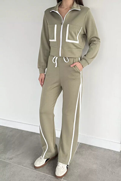TOZLU Women's Front Zipper Double Pocket Stripe Patterned Sweat Elastic Waist...
