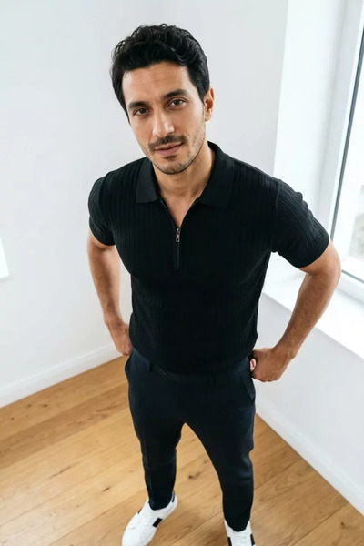 TOZLU Tricou tricotat pentru bărbați, cu guler polo și fermoar pe jumătate