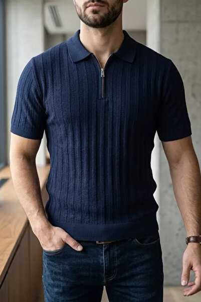TOZLU Men's Polo Collar Half Zip Knitwear T-Shirt