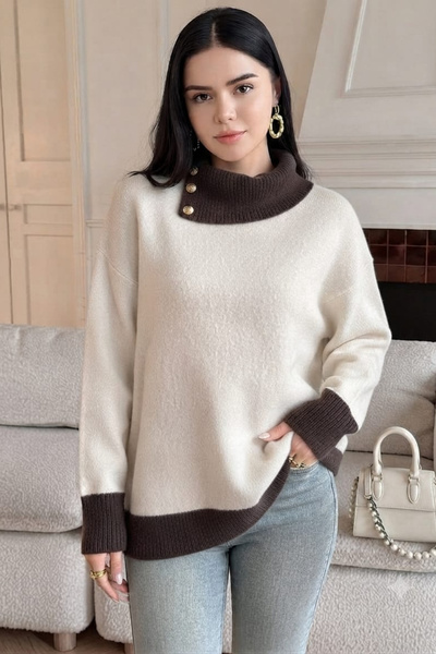 H&E LUXURY DESIGN Women's Ecru Brown Detailed Degaje Collar Knitwear Sweater ...