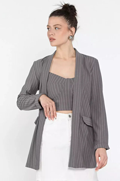 TOZLU Stripe Patterned Bustier Jacket Double Set