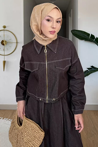 TOZLU Gülseli Jean Denim Jacket Elastic Waist Skirt Hijab Double Set