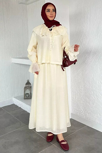 TOZLU Collared Lace-Up Lined Blouse Skirt Hijab Double Set