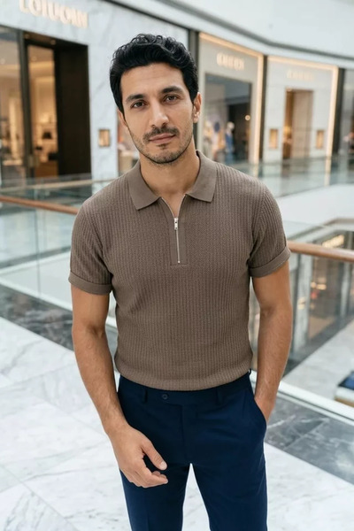 TOZLU Men's Polo Collar Half Zipper Patterned Knitwear T-Shirt