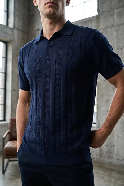 TOZLU Men's Polo Neck Self-Patterned Knitwear T-Shirt