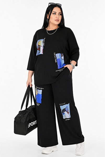 DARKWIN Large Size Oversized Printed Crew Neck Capri Sleeve Loose Leg Pants C...