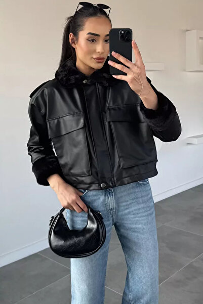 TOZLU Women's Faux Leather Coat with Elastic Waist and Fur