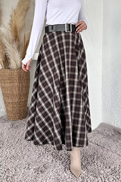 TOZLU Plaid Patterned Hijab Skirt with Belt Accessories
