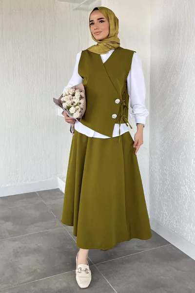 TOZLU Set triplu Gülseli: Vestă, Cămașă și Fustă, cu Hijab