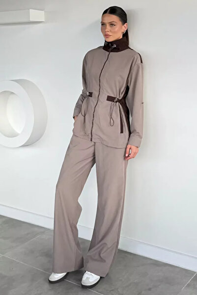TOZLU Women's Elastic Waist Zippered Jacket and Pants Two-Piece Set