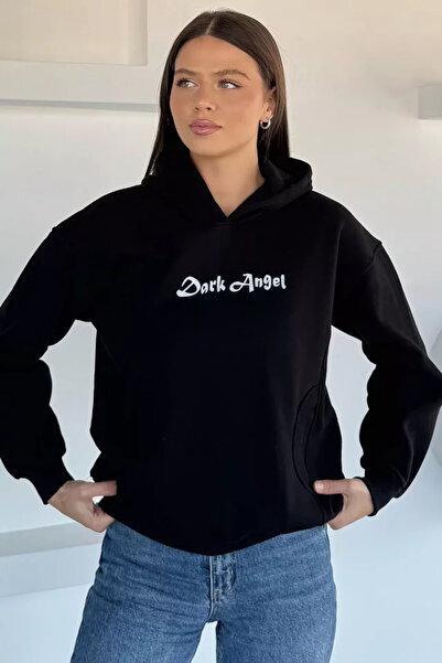 TOZLU Women's Hooded Kangaroo Pocket Printed Three-Thread Ribbed Sweatshirt