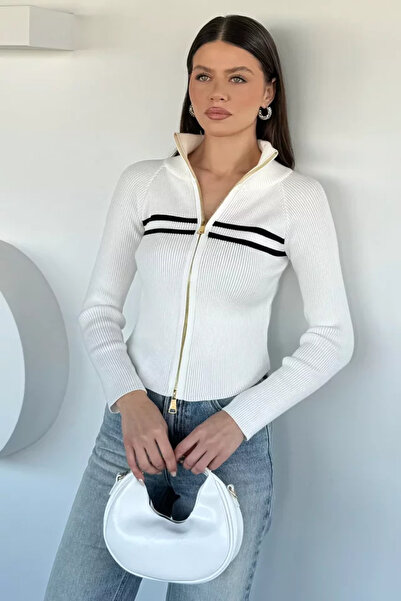 TOZLU Gülseli Women's Stand Collar Double Zipper Knitwear Cardigan
