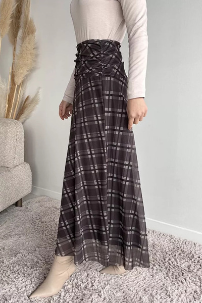 TOZLU Patterned Hijab Skirt with Waist Drawstring Detail