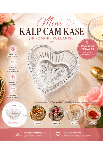 KEA Mini Kalp Cam Kase 7,5x7,5 cm – Dekoratif Cam Çerezlik, Şekerlik, Sosluk ...