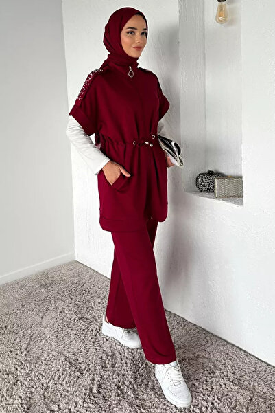 TOZLU Elastic Waist Pants, Stone Embroidered Tunic Blouse, Hijab Three-Piece Set
